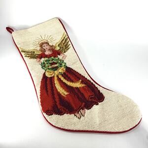 Vintage Wool Needlepoint Christmas Stocking Angel Red Gold 17" Velvet